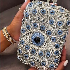 Silver crystal evil eye clutch